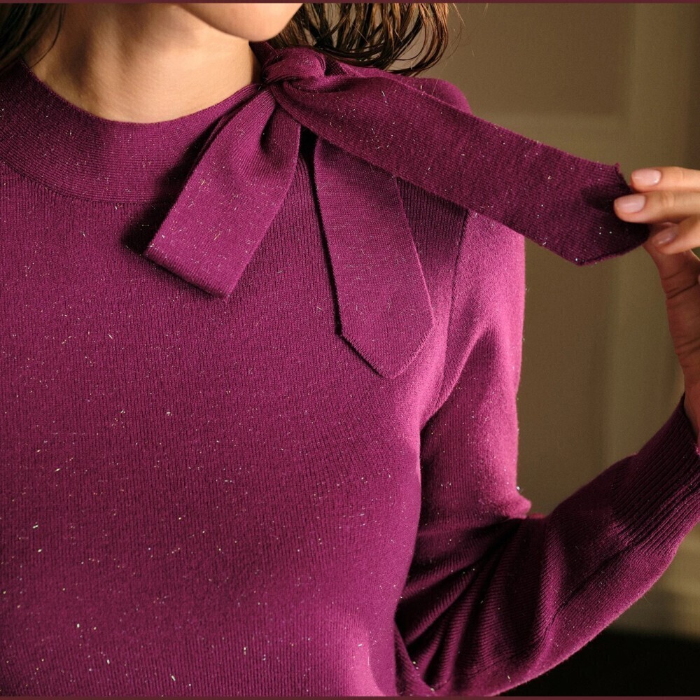 Magenta Sparkle Knit Bow Neck Detail Long Sleeve Slim Fit Sweater